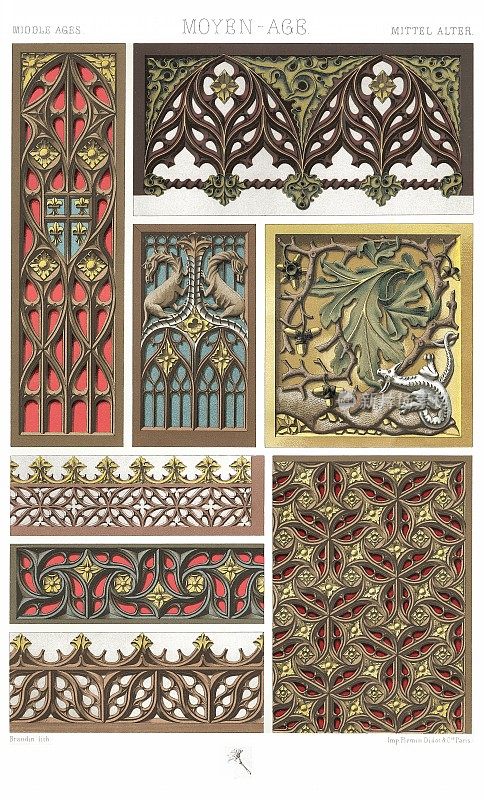 Middle Ages - Painted and Gilt Wood from the 15th Century - Furniture Fragments - Arcades - Panels – Balustrades (6 patterns), by Color Ornament 1886.